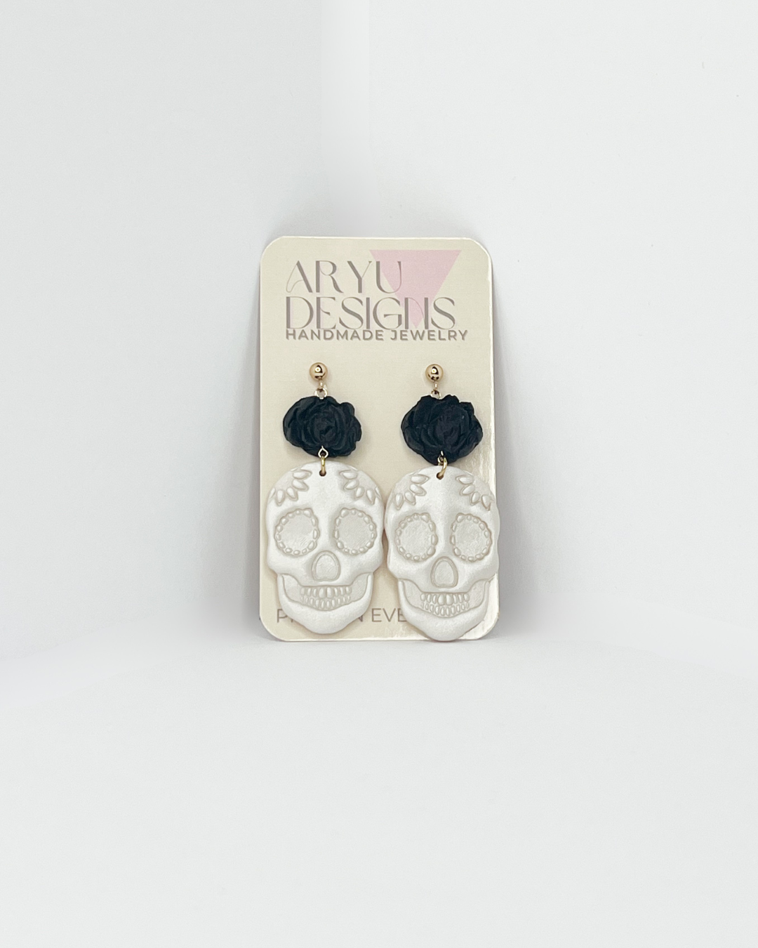 Sugar Skull Dangles - Shimmery Pearl + Black Rose