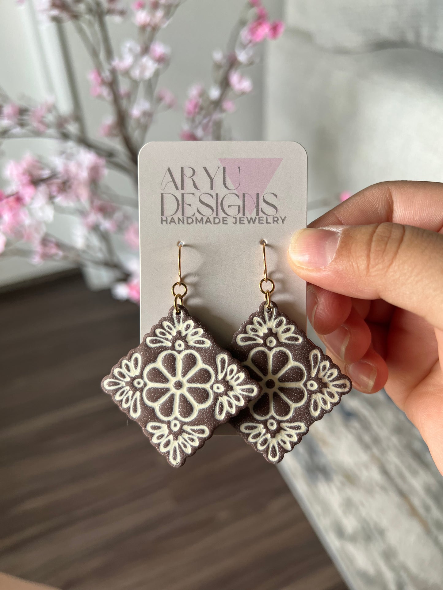 Flower Tile Statement Dangles - Espresso/Ivory