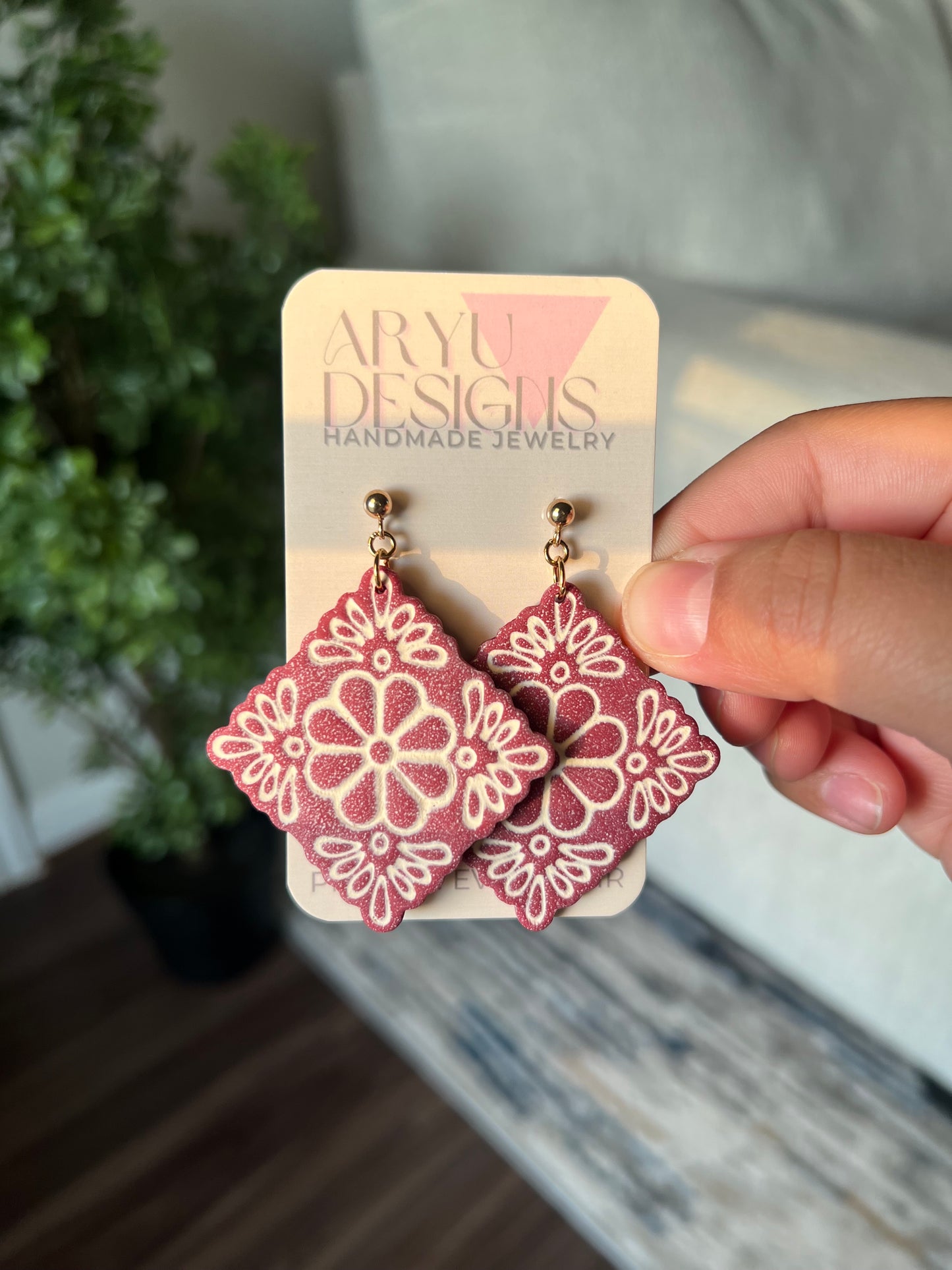 Flower Tile Statement Dangles - Merlot/Ivory