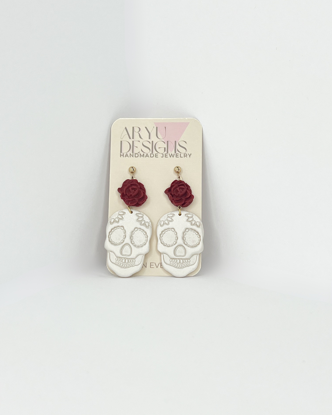 Sugar Skull Dangles - Shimmery Pearl + Red Rose