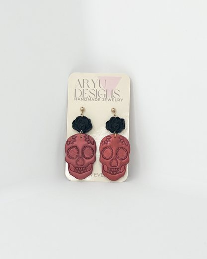 Sugar Skull Dangles - Shimmery Merlot + Black Rose