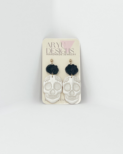Sugar Skull Dangles - Shimmery Pearl + Black Rose