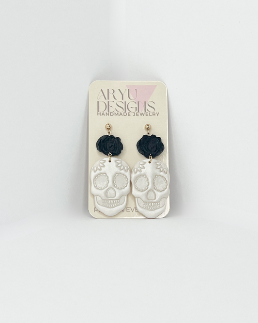 Sugar Skull Dangles - Shimmery Pearl + Black Rose