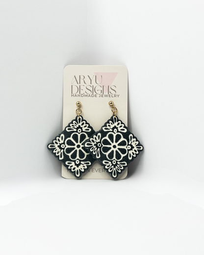 Flower Tile Statement Dangles - Noir/Ivory