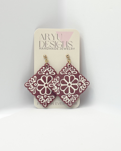 Flower Tile Statement Dangles - Merlot/Ivory
