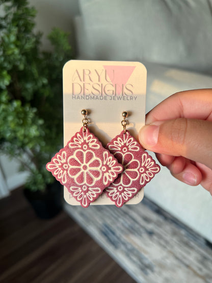 Flower Tile Statement Dangles - Merlot/Ivory