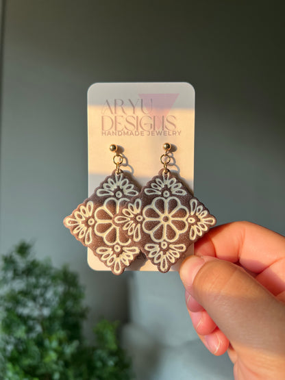 Flower Tile Statement Dangles - Espresso/Ivory