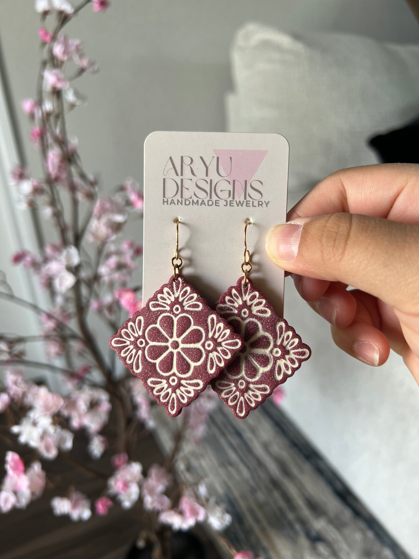 Flower Tile Statement Dangles - Merlot/Ivory