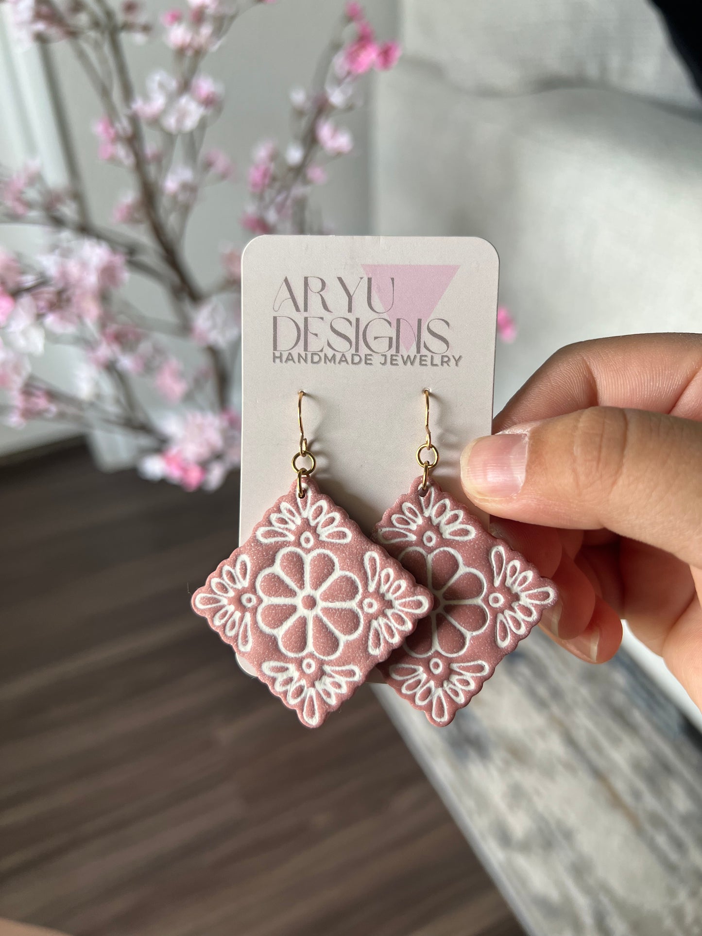 Flower Tile Statement Dangles - Petal/Ivory