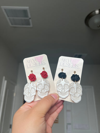 Sugar Skull Dangles - Shimmery Pearl + Red Rose