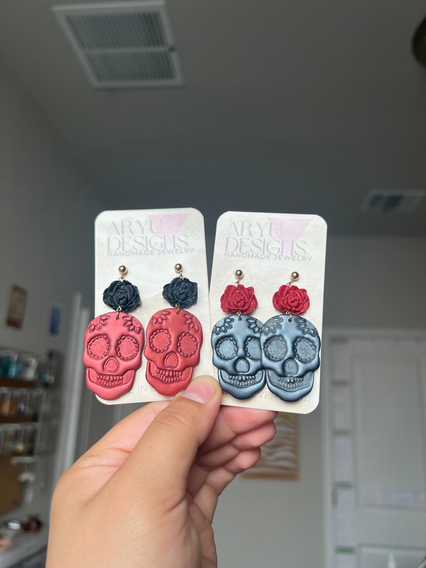 Sugar Skull Dangles - Shimmery Noir + Red Rose