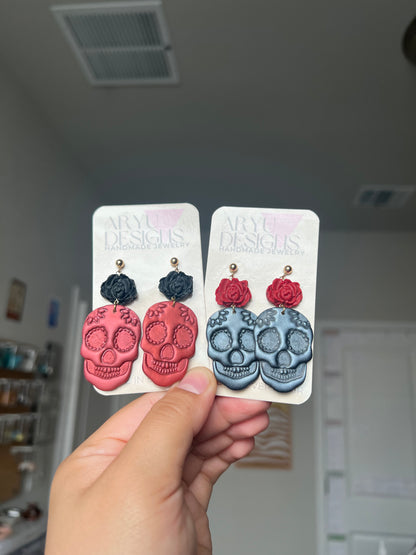 Sugar Skull Dangles - Shimmery Noir + Red Rose